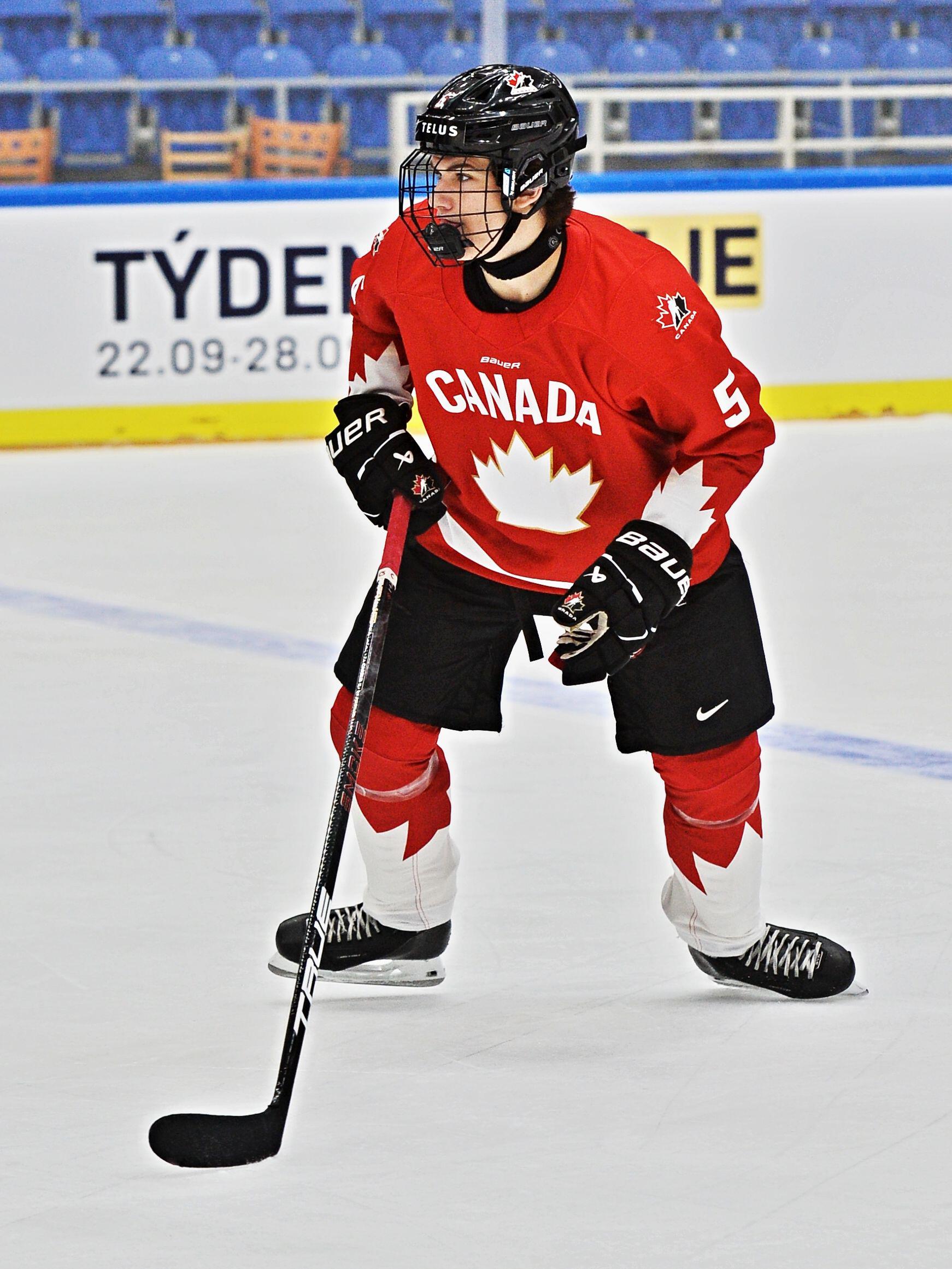Carson Carels in a Team Canada jersey at the 2025 Hlinka Gretzky Cup in Brno.