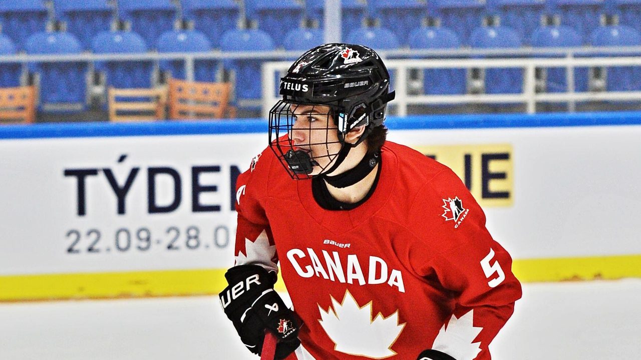Carson Carels in a Team Canada jersey at the 2025 Hlinka Gretzky Cup in Brno.