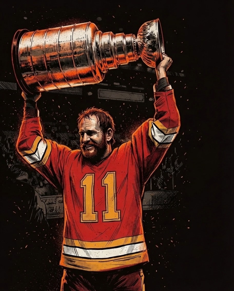Ember-on-ink illustration of Colin Patterson in a red and gold Calgary Flames No. 11 jersey, hoisting the Stanley Cup overhead.