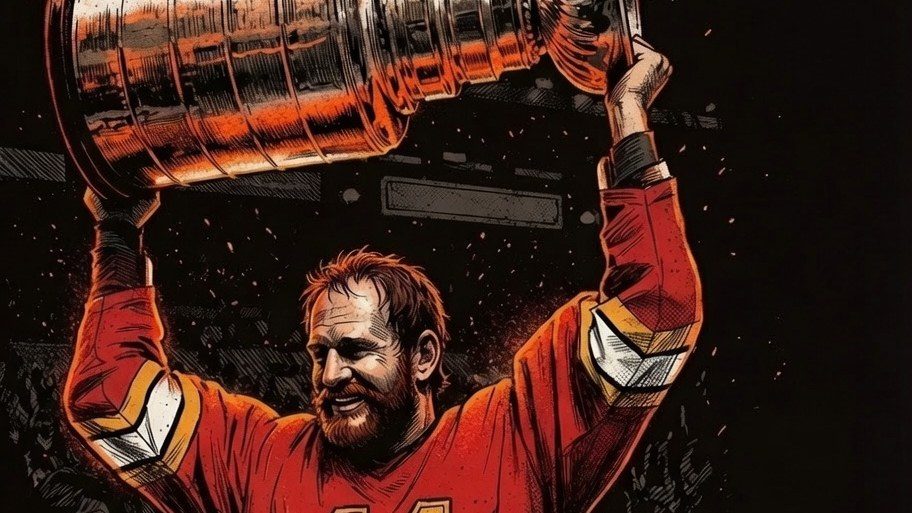 Ember-on-ink illustration of Colin Patterson in a red and gold Calgary Flames No. 11 jersey, hoisting the Stanley Cup overhead.