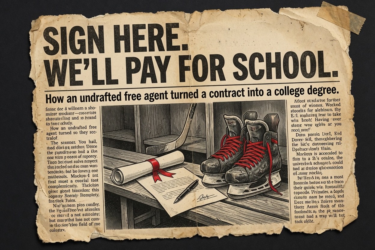 Aged-newspaper-clipping-style illustration under the headline 'Sign Here. We'll Pay for School,' showing a rolled diploma with a red ribbon, a contract and pen, and hockey skates with red laces on a locker-room bench.