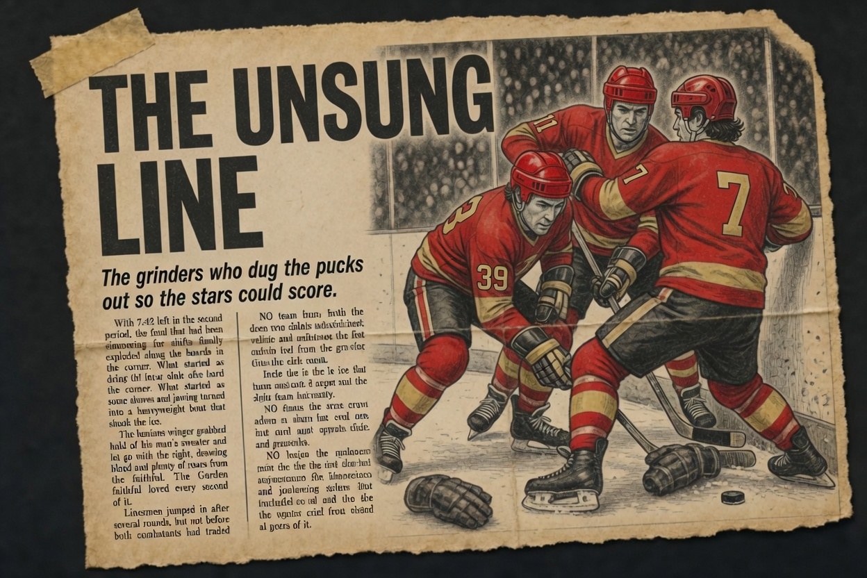 Aged-newspaper-clipping-style illustration under the headline 'The Unsung Line,' showing three players in red-and-gold sweaters, numbers 11, 39, and 7, battling for the puck along the corner boards.