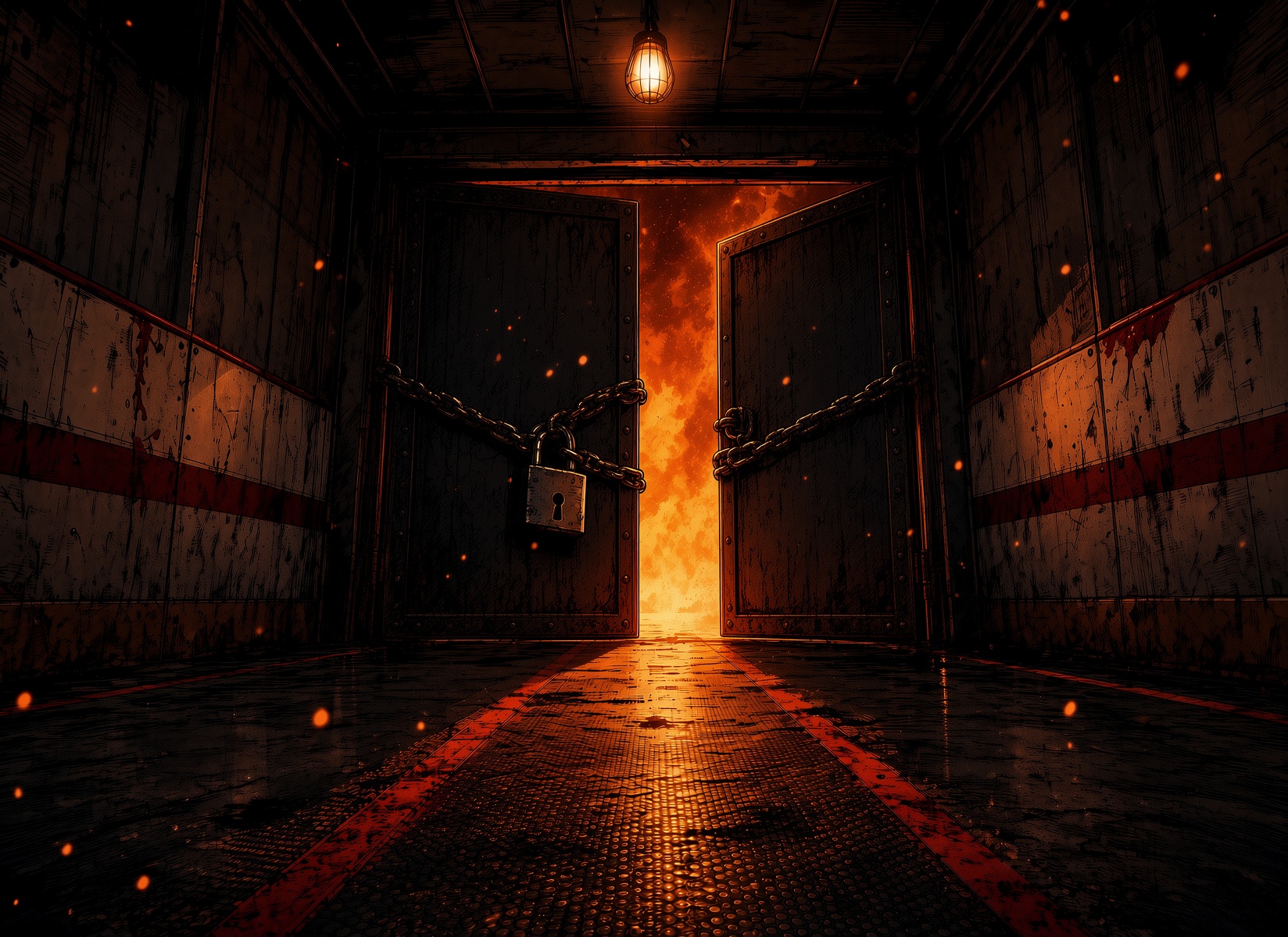 Illustration of an empty arena tunnel at night. A pair of heavy steel doors at the end are held by a chain and padlock, pushed slightly apart, with fiery orange light pouring through the gap and running down the wet floor toward the viewer.