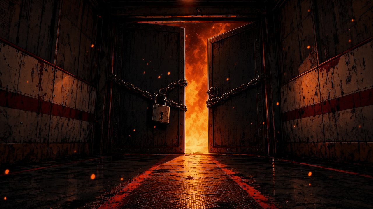 Illustration of an empty arena tunnel at night. A pair of heavy steel doors at the end are held by a chain and padlock, pushed slightly apart, with fiery orange light pouring through the gap and running down the wet floor toward the viewer.