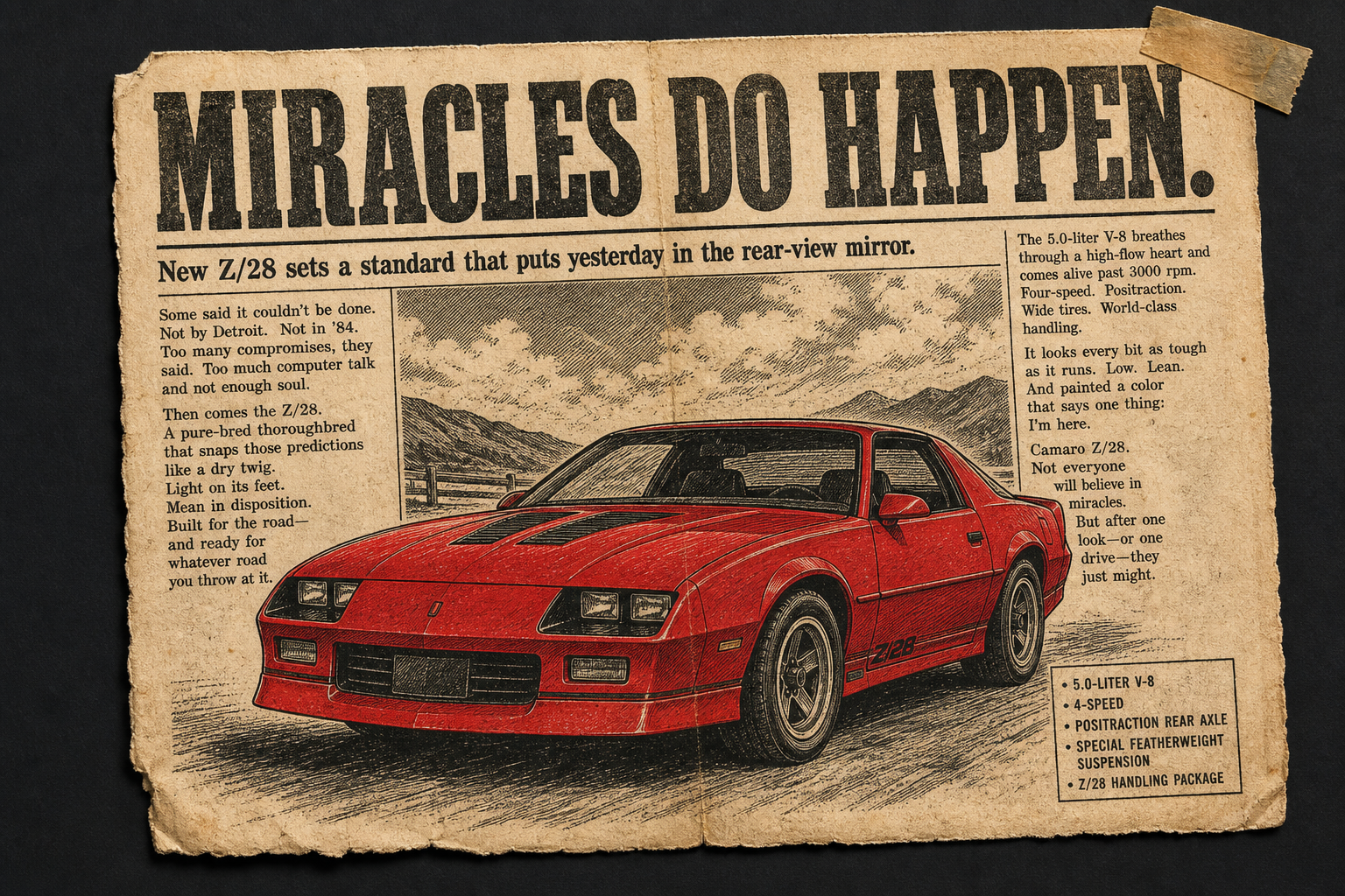 Newspaper-clipping-style illustration of a fire-engine red 1984 Chevrolet Camaro Z/28 under the headline 'Miracles Do Happen,' styled as a torn, aged sports-page scrap taped into a scrapbook.
