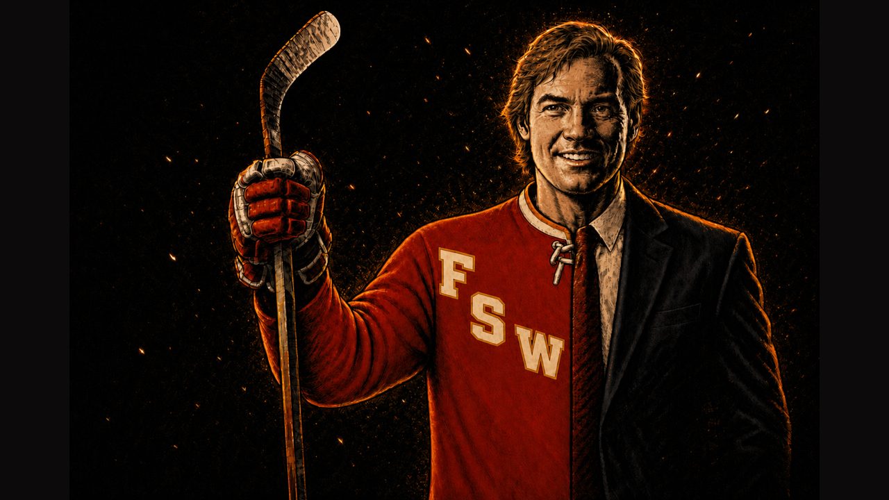 Stylized ember-on-ink split illustration of Don Maloney: on the left, a younger 1970s player in a red Flames Scout Wire hockey jersey raising a stick; on the right, the 2026 executive in a dark suit and red tie, lit by orange embers against a near-black background.