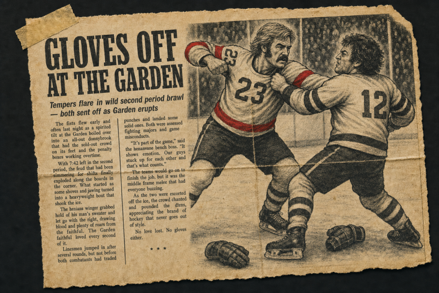 Newspaper-clipping-style illustration of two 1970s hockey players fighting with gloves off under the headline 'Gloves Off at the Garden,' styled as a torn, aged sports-page scrap.