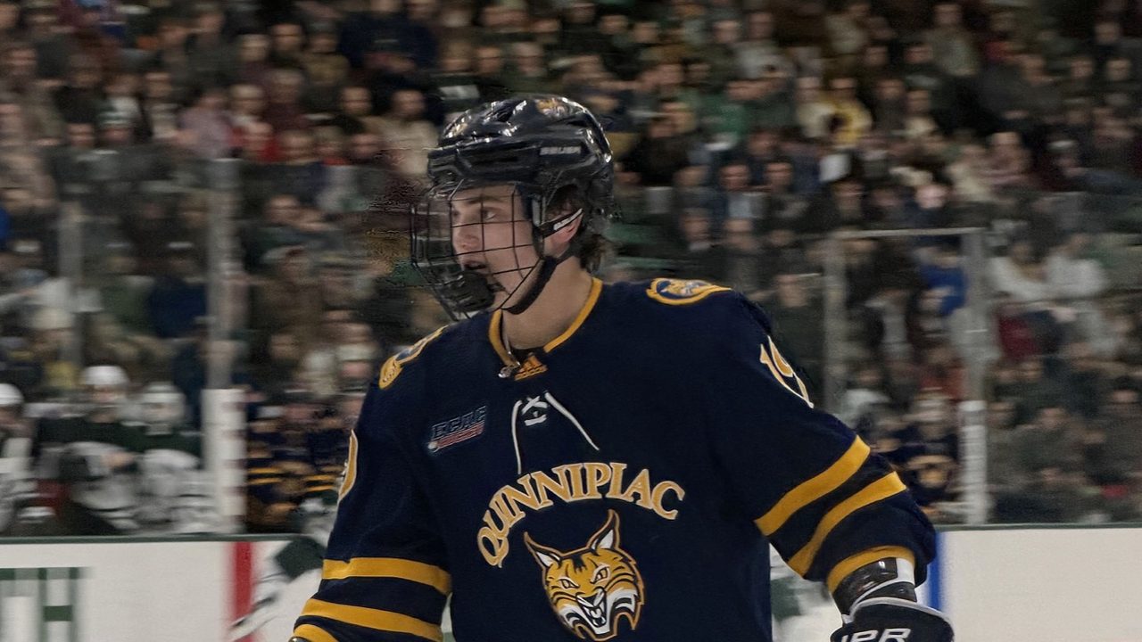 Ethan Wyttenbach in a Quinnipiac Bobcats jersey during a 2026 NCAA game.