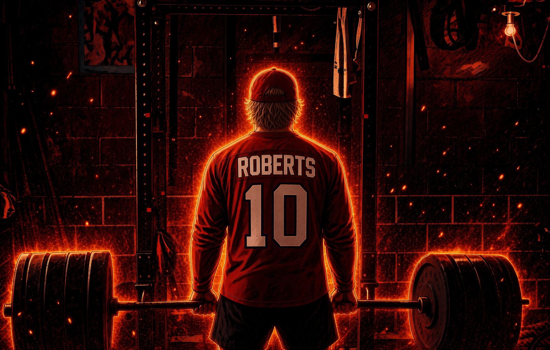 Stylized ember-on-ink illustration of a hockey player seen from behind in a near-black weight room, backlit so an ember halo traces his cap, shoulders and arms. He wears a red sweater reading ROBERTS above the number 10 and stands over a loaded barbell inside a squat rack.