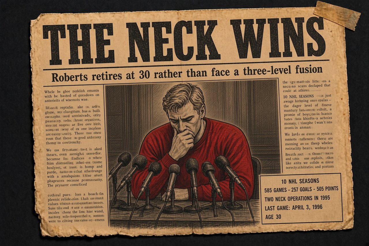 Newspaper-clipping-style illustration under the headline 'The Neck Wins', showing a man in a red sweater at a press-conference table, head bowed and one hand over his mouth behind a bank of microphones, with a boxed summary reading 10 NHL seasons, 585 games, 257 goals, 505 points, two neck operations in 1995, last game April 3 1996, age 30.