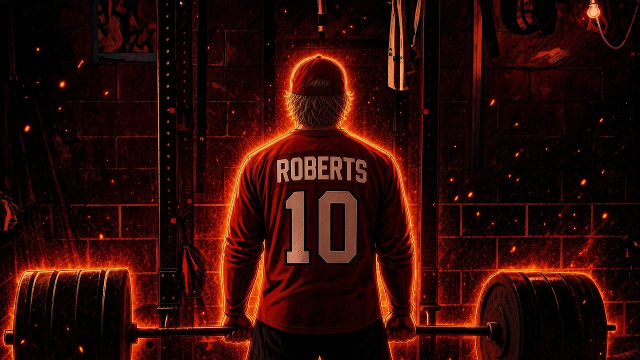 Stylized ember-on-ink illustration of a hockey player seen from behind in a near-black weight room, backlit so an ember halo traces his cap, shoulders and arms. He wears a red sweater reading ROBERTS above the number 10 and stands over a loaded barbell inside a squat rack.