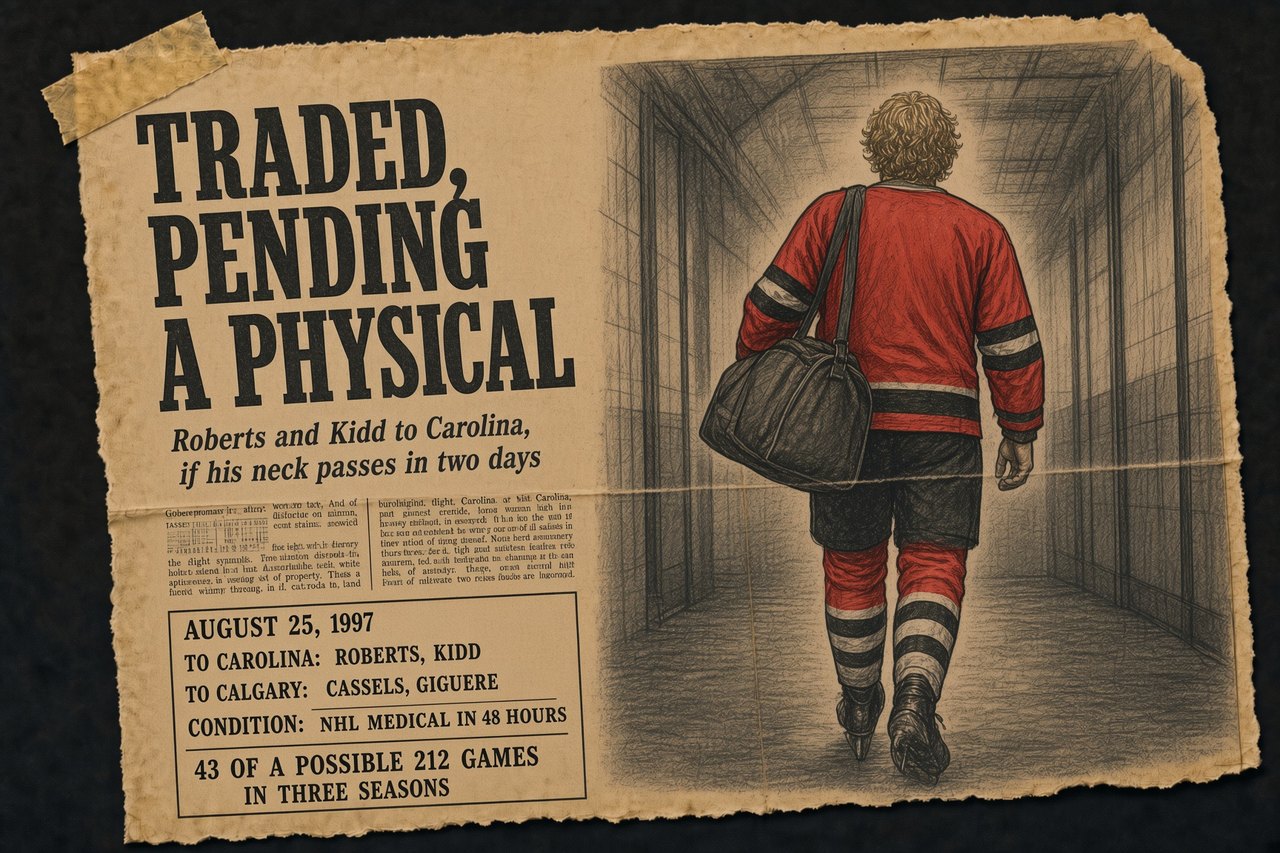 Newspaper-clipping-style illustration under the headline 'Traded, Pending a Physical', showing a player in a red logo-free sweater walking away down an empty arena tunnel with a kit bag over one shoulder, beside a boxed summary of the August 25 1997 trade terms and its 48-hour medical condition.
