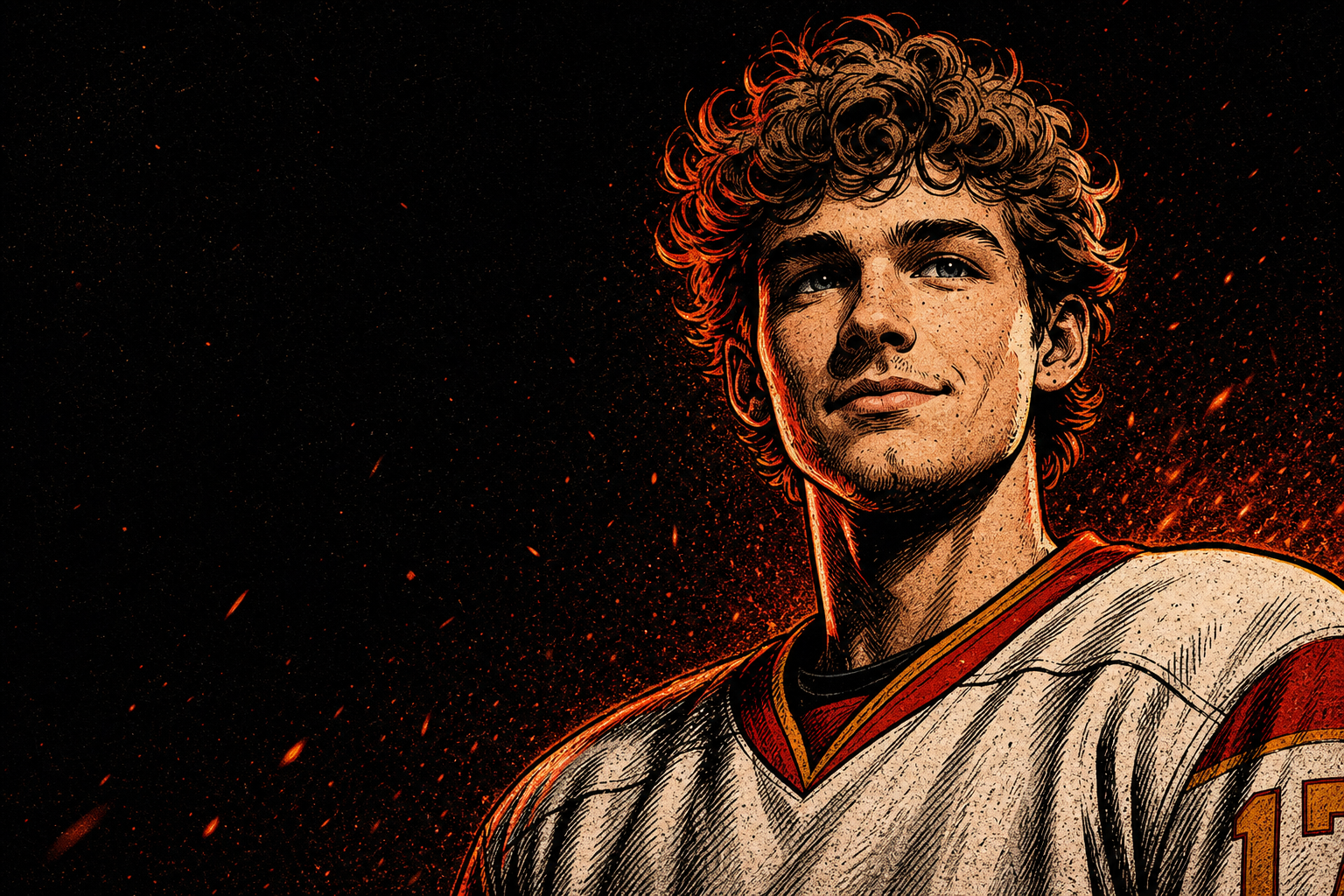 Stylized ember-on-ink illustration of Flames prospect Jack Hextall in a cream jersey with a hinted number 17, lit by orange embers against a black background.