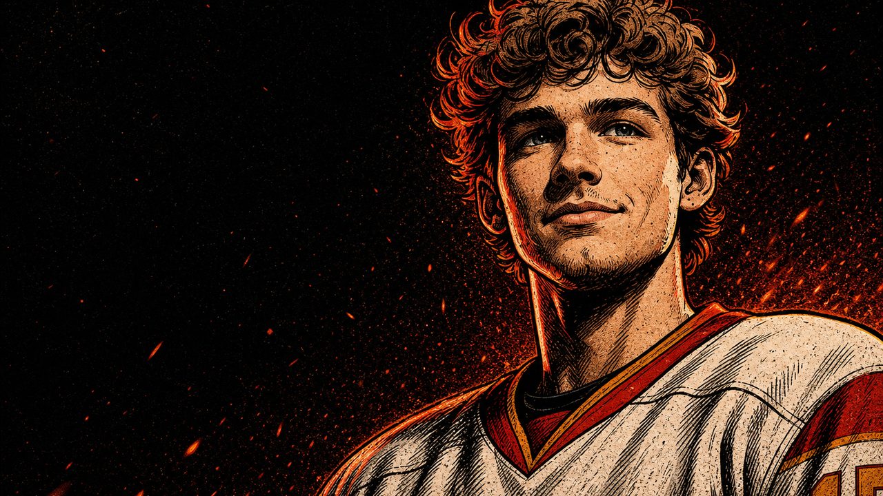 Stylized ember-on-ink illustration of Flames prospect Jack Hextall in a cream jersey with a hinted number 17, lit by orange embers against a black background.