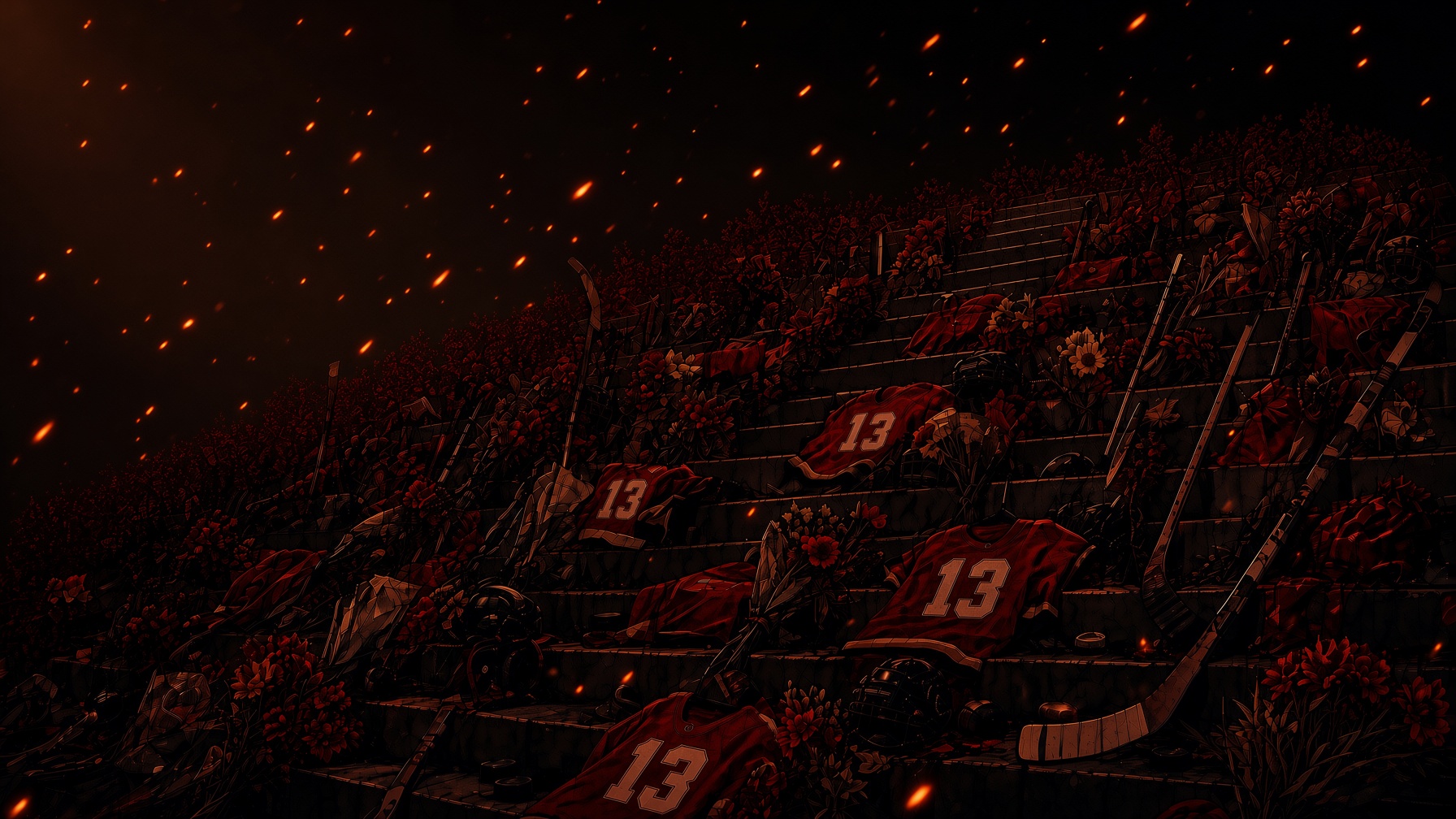 Ember-lit illustration of a stone staircase covered with tributes: several red sweaters bearing the number 13, bunches of flowers, hockey sticks propped against the steps, helmets and pucks. Embers drift up through the dark air above.