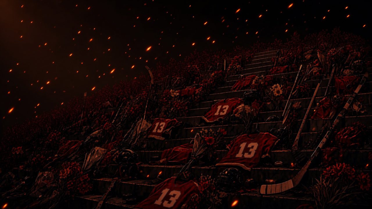 Ember-lit illustration of a stone staircase covered with tributes: several red sweaters bearing the number 13, bunches of flowers, hockey sticks propped against the steps, helmets and pucks. Embers drift up through the dark air above.