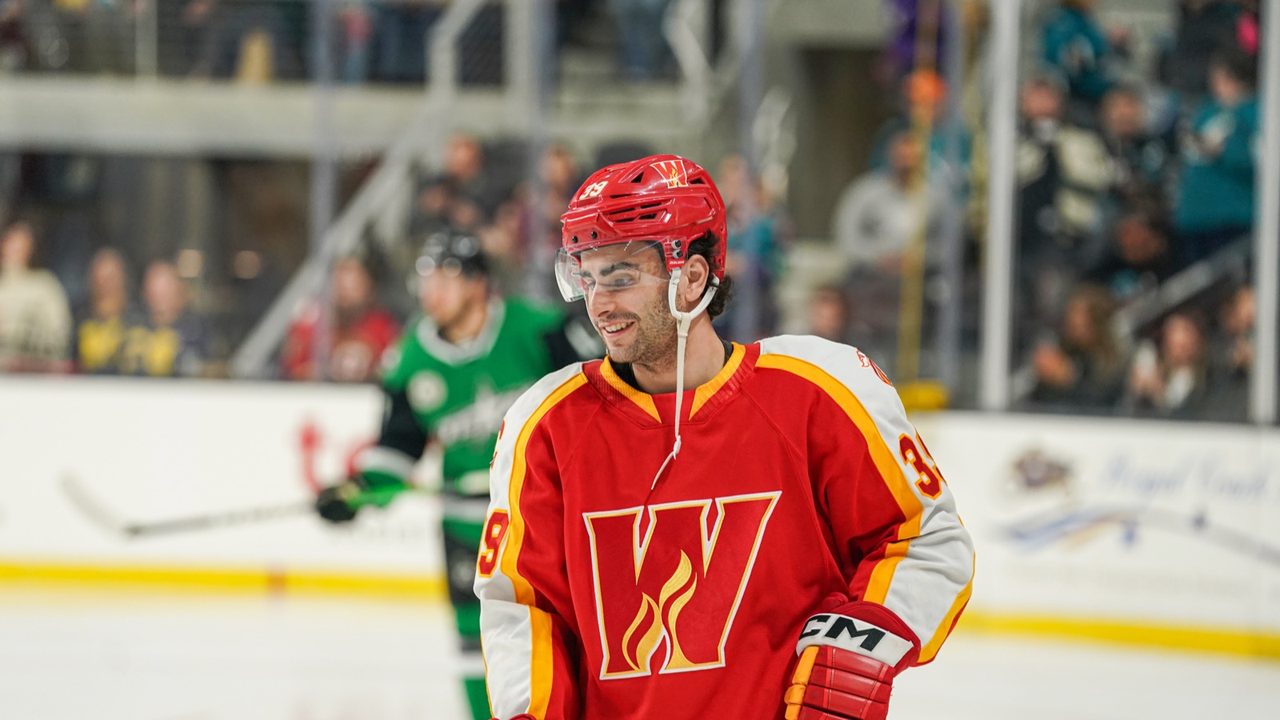 Matt Coronato in a Calgary Wranglers jersey at the 2024 AHL All-Star skills competition in San Jose.