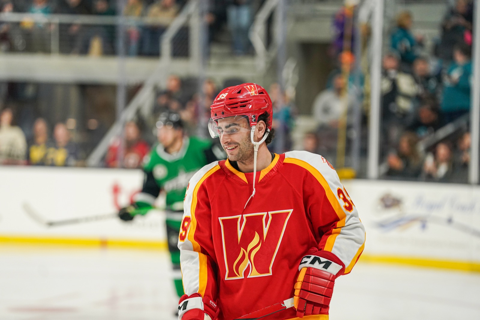 Matt Coronato in a Calgary Wranglers jersey at the 2024 AHL All-Star skills competition in San Jose.