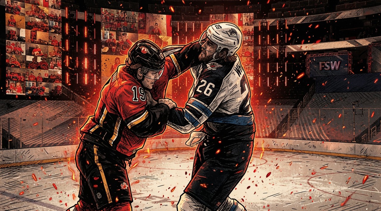 Ember-on-ink illustration of Matthew Tkachuk (No. 19, red) and Blake Wheeler (No. 26, white) fighting on the ice at Rogers Place during the empty-arena Edmonton bubble, sparks flying against a dark arena backdrop.