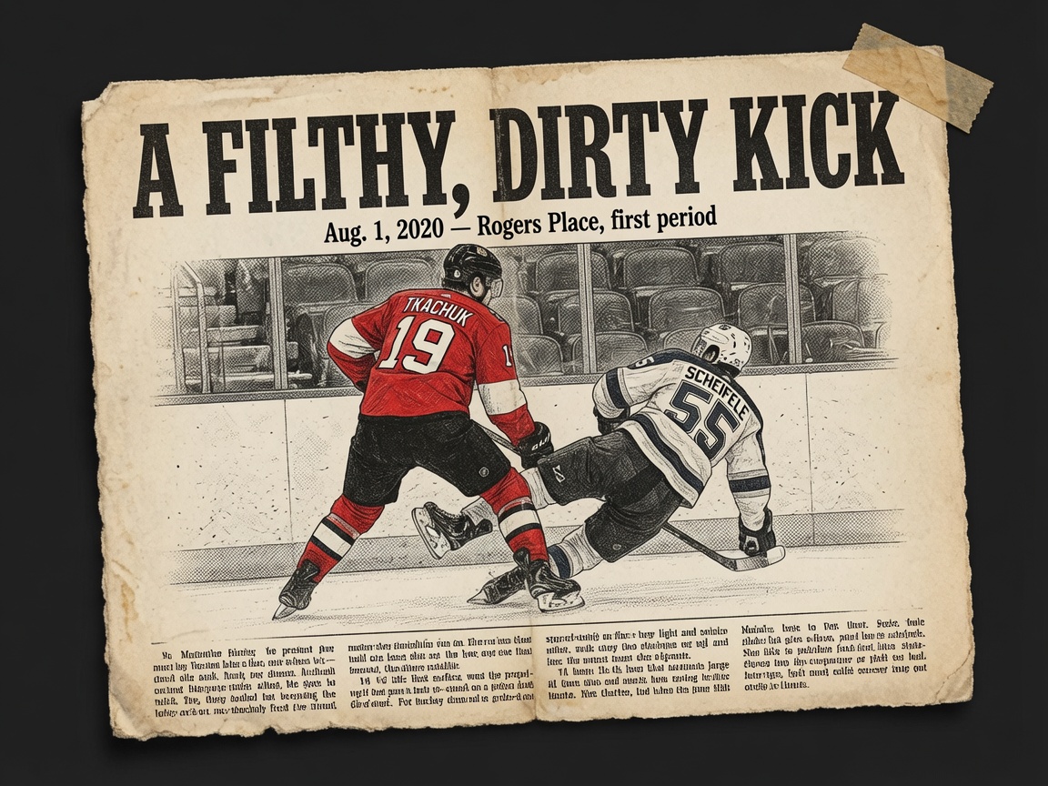 Vintage newspaper clipping-style illustration headlined 'A Filthy, Dirty Kick,' showing Matthew Tkachuk (No. 19, red) finishing a check on Mark Scheifele (No. 55, white) along the boards at Rogers Place, empty seats visible past the glass.