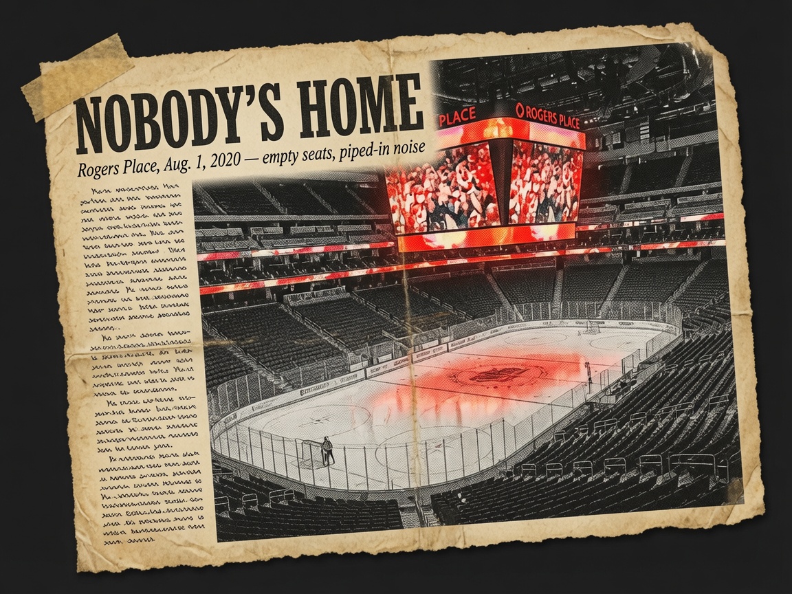 Vintage newspaper clipping-style illustration headlined 'Nobody's Home,' showing the empty seating bowl of Rogers Place during the 2020 Edmonton bubble, scoreboard screens glowing red with crowd-noise graphics, a lone figure on the ice far below.