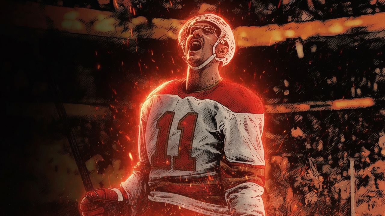 Ember-on-ink illustration of Mikael Backlund in a red and white jersey, number 11, roaring with fists clenched, sparks flying against a dark arena backdrop.