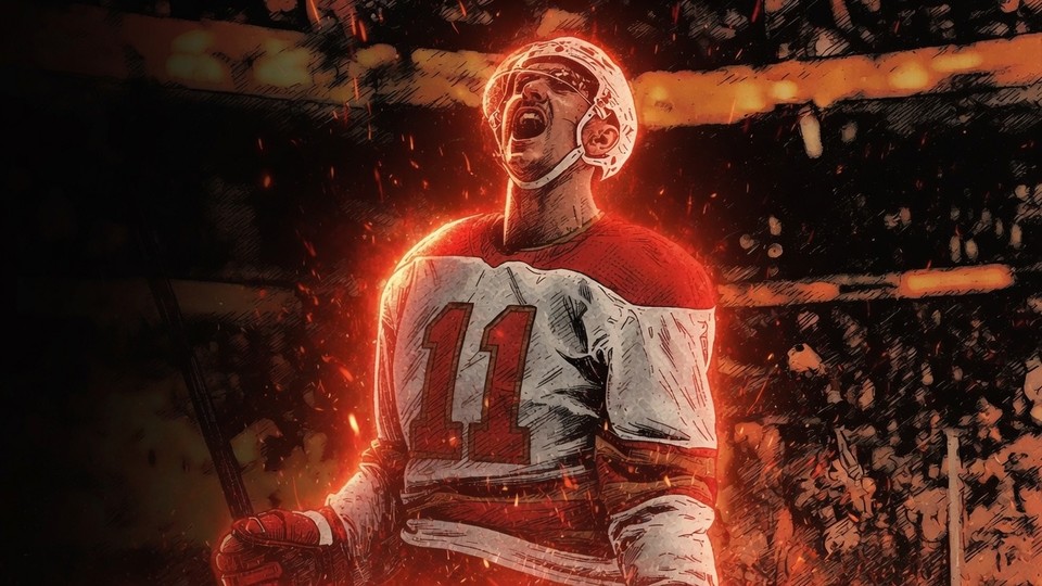 Ember-on-ink illustration of Mikael Backlund in a red and white jersey, number 11, roaring with fists clenched, sparks flying against a dark arena backdrop.