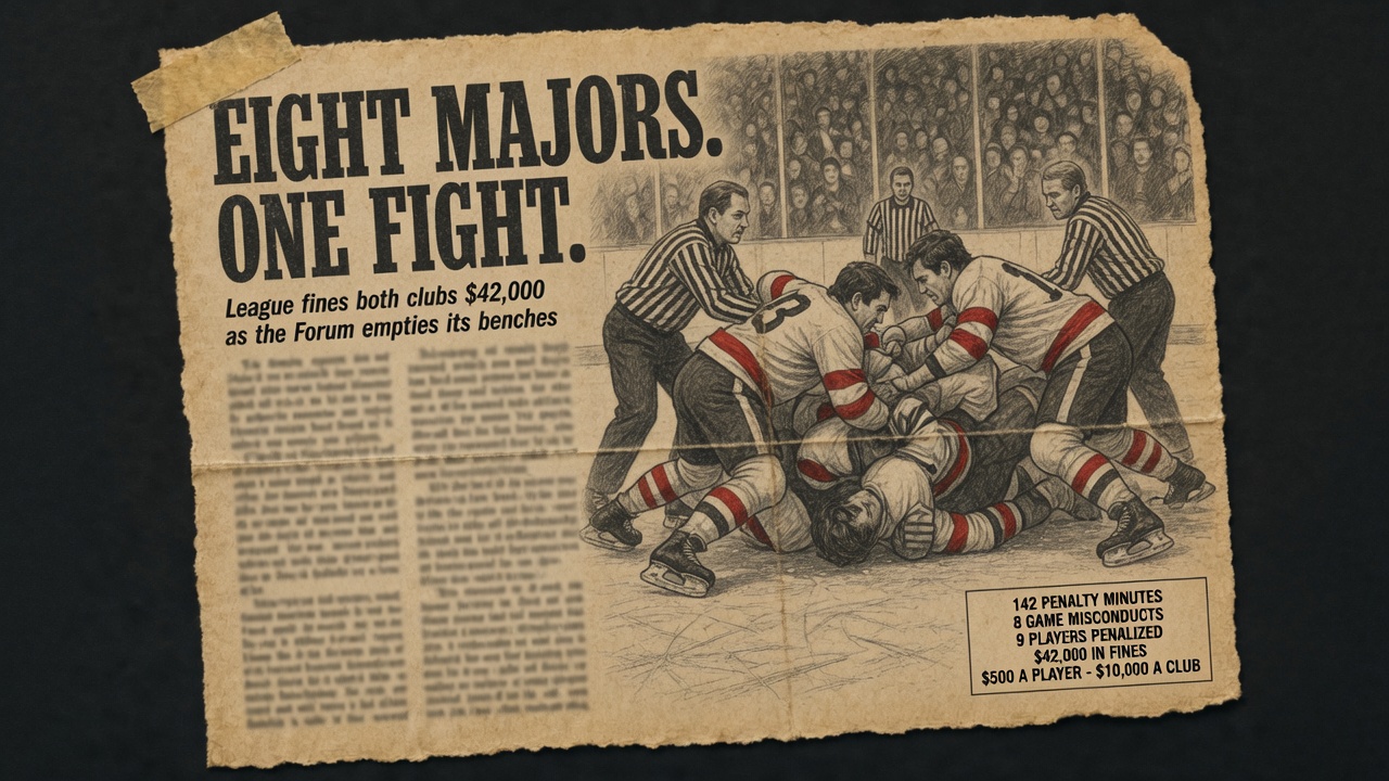 Newspaper-clipping-style illustration under the headline 'Eight Majors. One Fight.', showing linesmen pulling apart a pile of wrestling hockey players, with a boxed summary reading 142 penalty minutes, 8 game misconducts, 9 players penalized, $42,000 in fines.