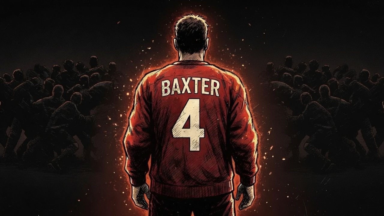 Ember-on-ink illustration of a hockey player seen from behind in a logo-free red sweater reading BAXTER above the number 4, standing motionless while indistinct dark figures brawl in the shadows on either side of him.