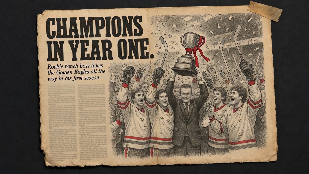 Newspaper-clipping-style illustration under the headline 'Champions in Year One', showing a coach in a dark suit raising a championship trophy amid celebrating players in logo-free sweaters, confetti falling around them.