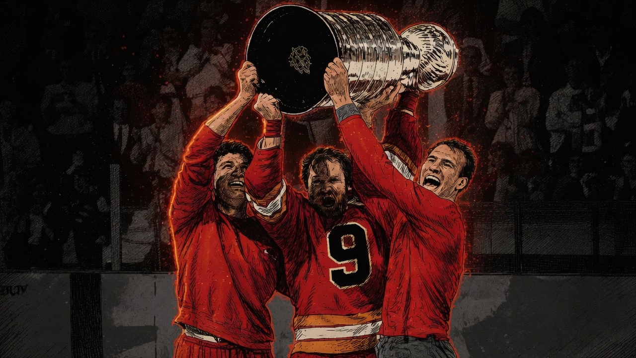 Ember-on-ink illustration of three men in logo-free red hoisting the Stanley Cup together, the bearded man in the centre wearing a game sweater numbered 9 and the two flanking him wearing team sweats rather than uniforms, a darkened crowd behind them.