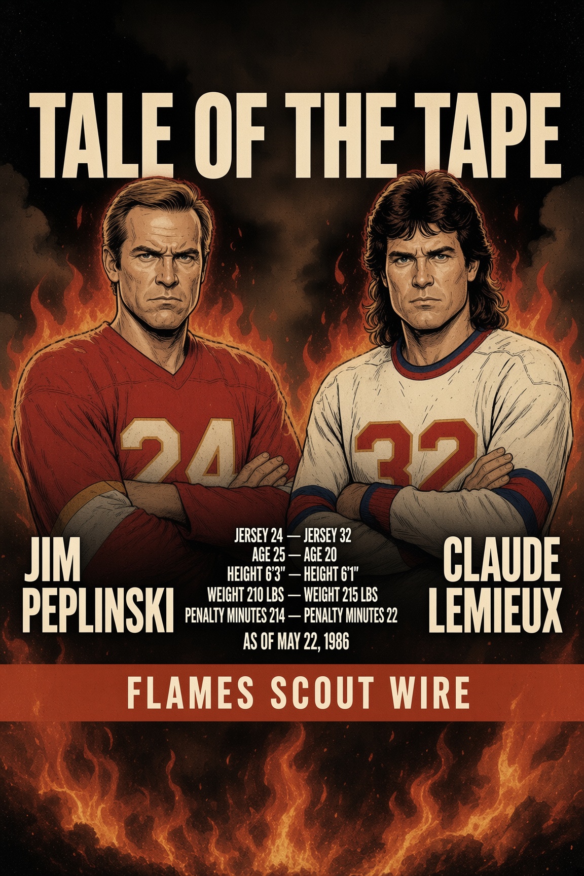 Illustrated Tale of the Tape graphic comparing Jim Peplinski and Claude Lemieux as of May 22, 1986: jersey numbers 24 and 32, ages 25 and 20, heights 6 foot 3 and 6 foot 1, weights 210 and 215 pounds, and 214 penalty minutes against 22.