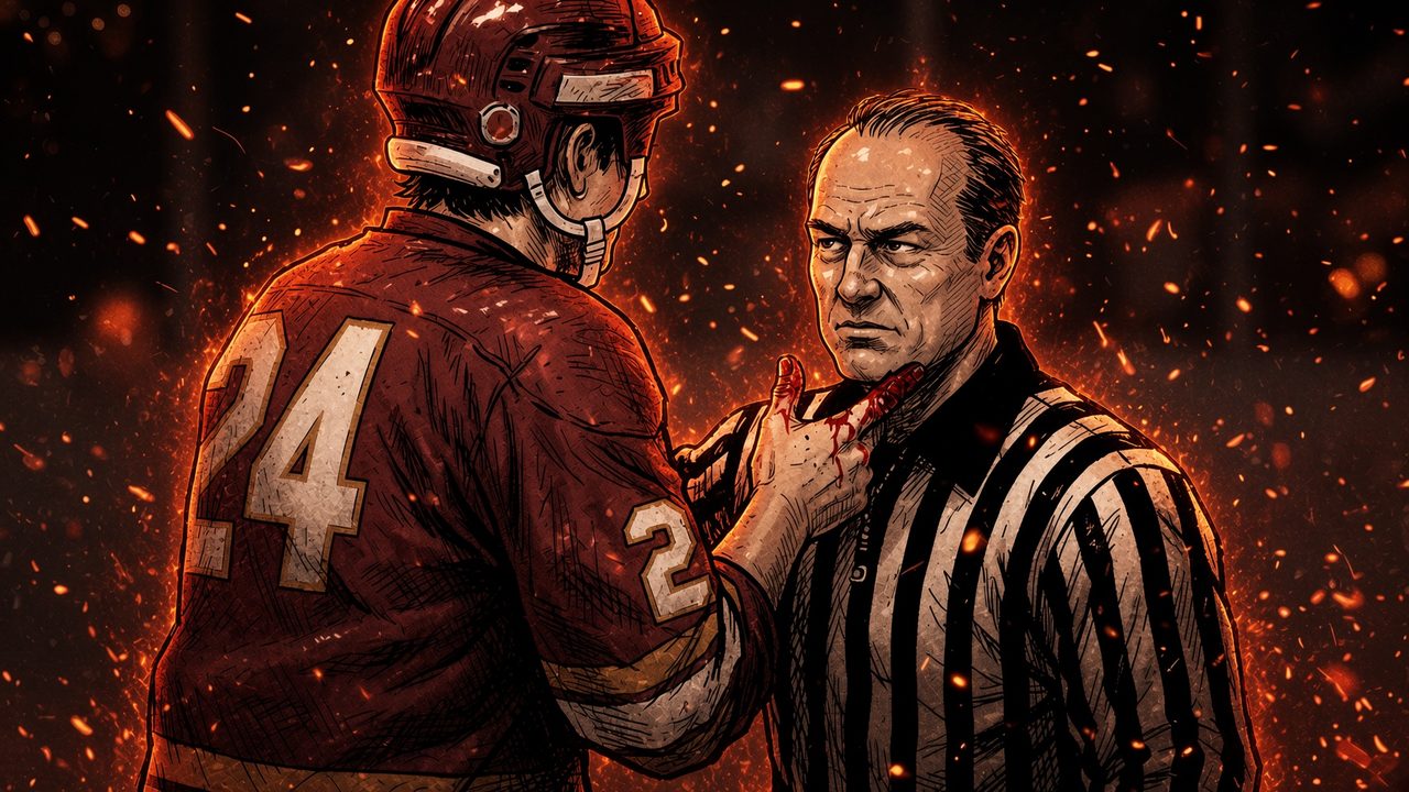 Ember-on-ink illustration of a helmeted hockey player in a logo-free dark red sweater numbered 24, seen from behind, holding up a bloodied bare hand in front of an on-ice official in a black and white striped sweater with no armbands. The official meets it with a flat, sceptical stare, blood marking his collar, embers drifting in the dark behind them.