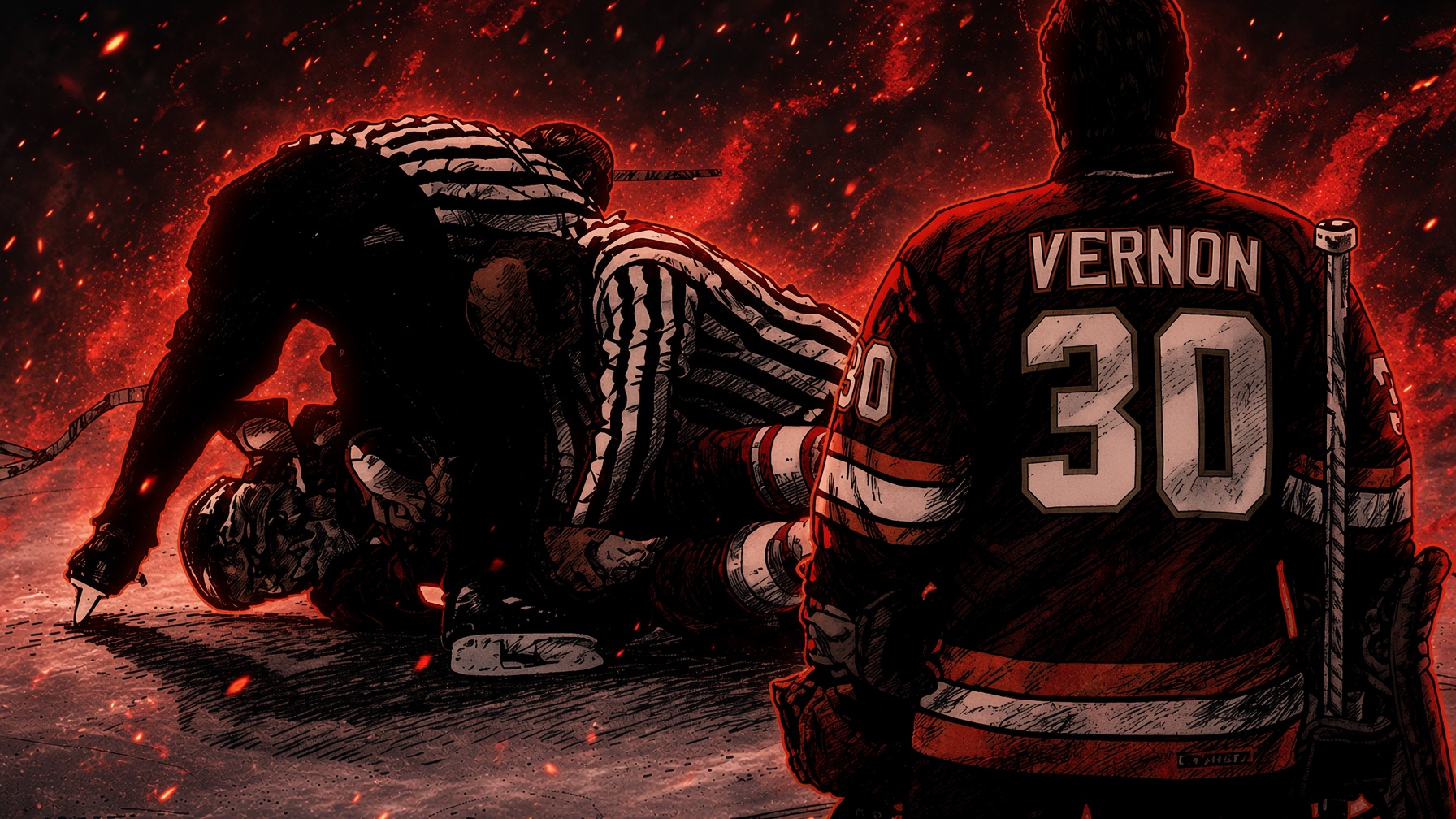 Ember-on-ink illustration of a linesman in a striped sweater bending over two players tangled on the ice, one on his back with the other on top of him and a hand at his face, while in the foreground a goaltender in a logo-free red sweater reading VERNON above the number 30 stands apart and watches, embers drifting overhead.