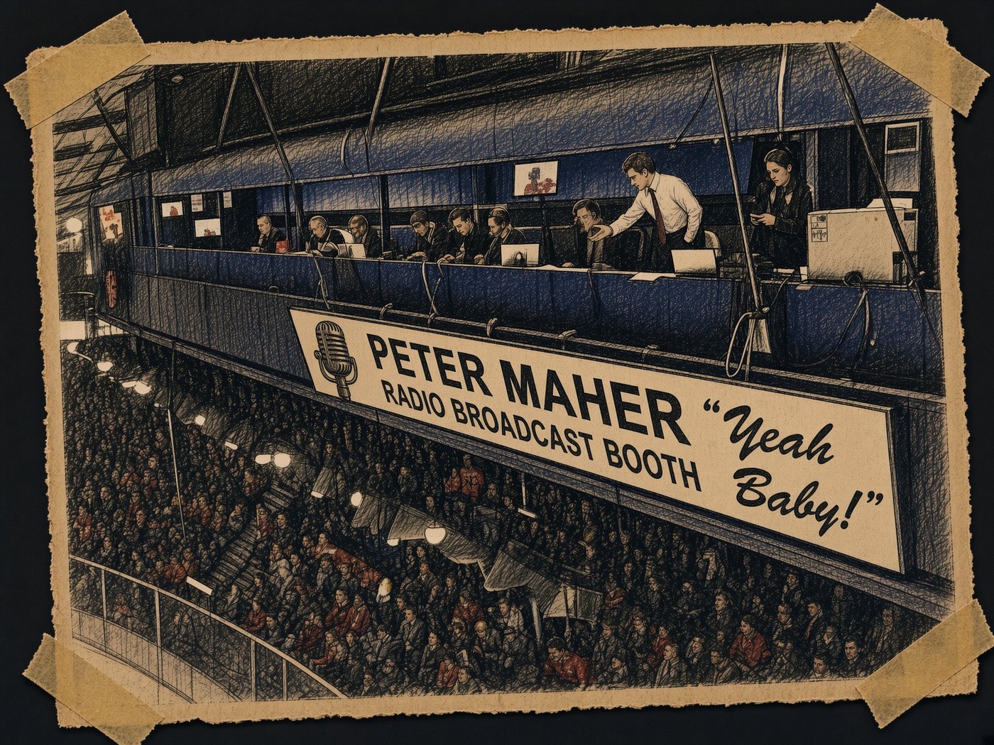 Faux vintage newspaper clipping illustration of an arena press level, with a long sign mounted beneath the broadcast positions reading Peter Maher Radio Broadcast Booth, Yeah Baby, above a packed seating bowl.