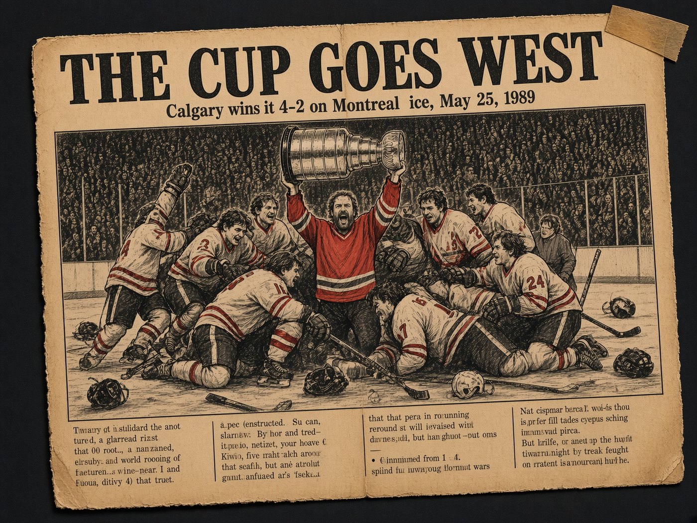 Faux vintage newspaper clipping illustration of the 1989 Calgary Flames celebrating on the ice, a bearded captain hoisting the Stanley Cup overhead as teammates pile in around him. Headline reads THE CUP GOES WEST.