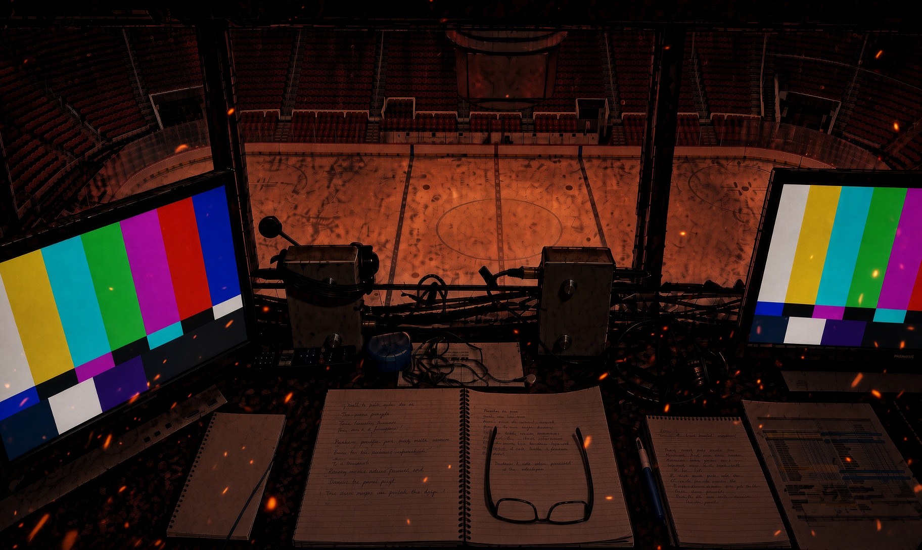 Ember-lit illustration of an empty arena radio broadcast booth looking out over a dark, empty rink. Two monitors show colour bars, microphones sit unused on the counter, and an open spiral notebook lies on the desk with a pair of reading glasses resting on the page.