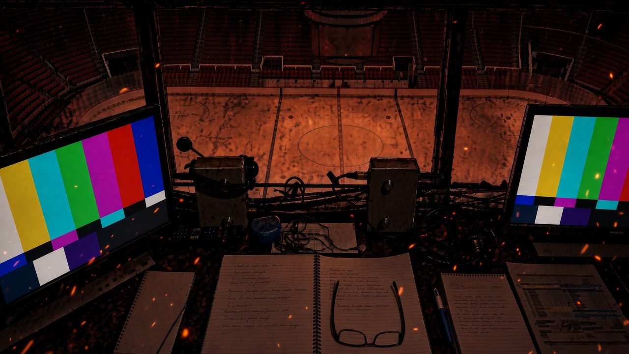 Ember-lit illustration of an empty arena radio broadcast booth looking out over a dark, empty rink. Two monitors show colour bars, microphones sit unused on the counter, and an open spiral notebook lies on the desk with a pair of reading glasses resting on the page.