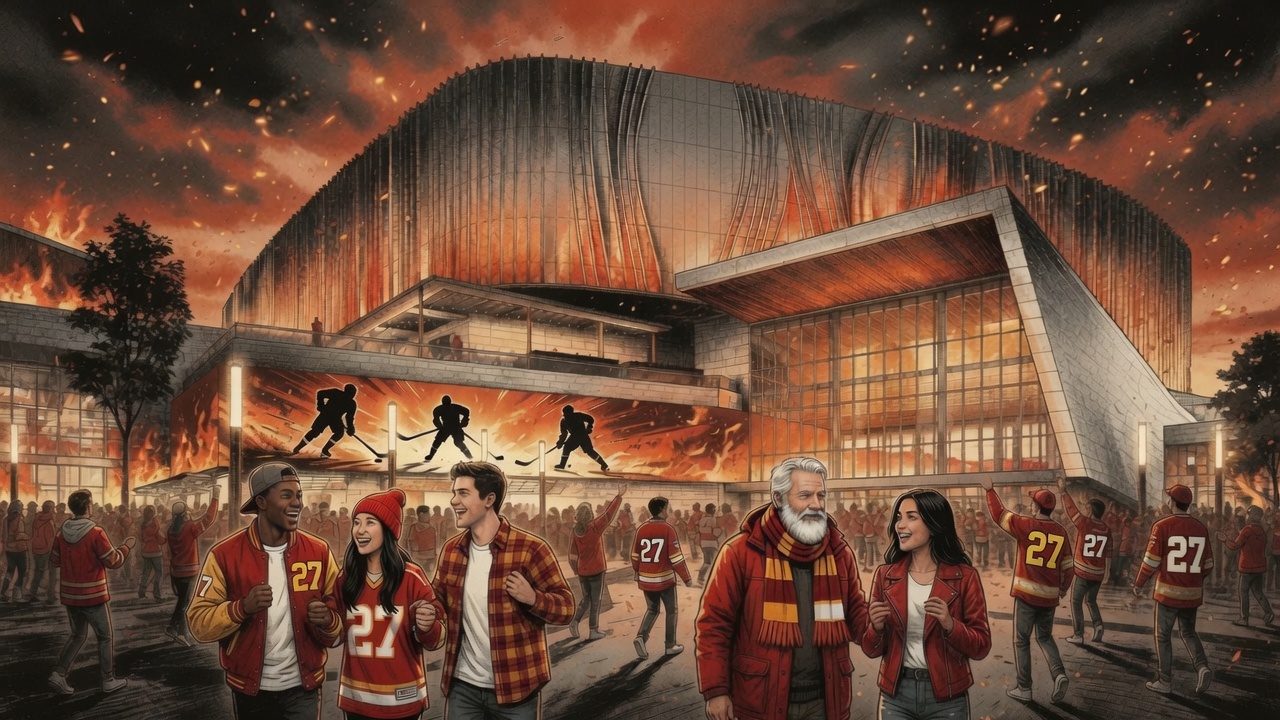 Ember-on-ink illustration of a completed arena on opening night: fans in red jerseys numbered 27 walking toward a glowing glass entrance, a lit concourse screen showing silhouetted hockey players behind them, sparks drifting up into a dark red sky.