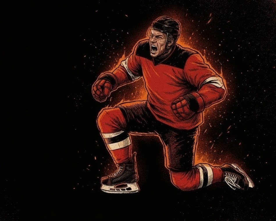 Ember-on-ink illustration of Šimon Nemec in a red jersey, down on one knee, fists clenched, roaring.