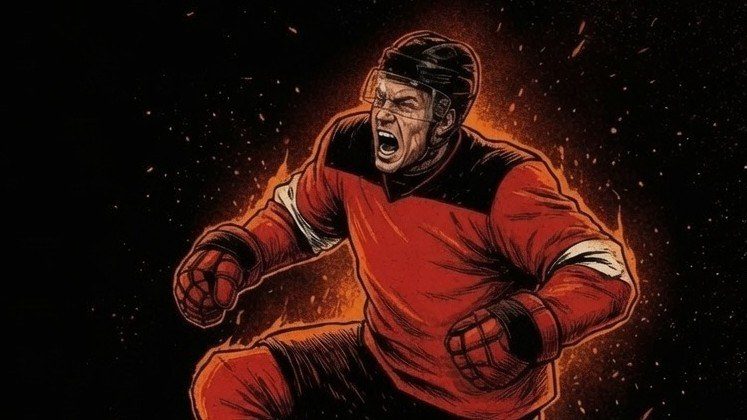 Ember-on-ink illustration of Šimon Nemec in a red jersey, down on one knee, fists clenched, roaring.