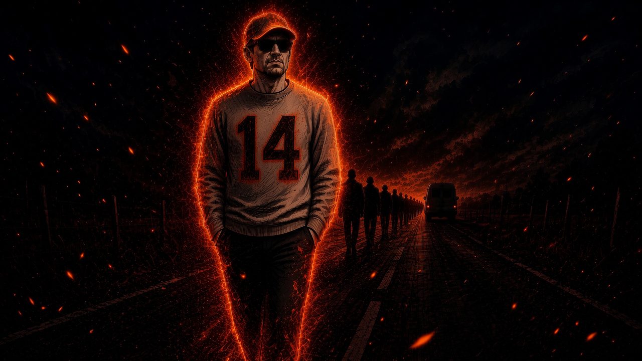 Illustration of a man in a ball cap and sunglasses walking down a dark rural highway, a line of walkers and a support vehicle behind him, lit by ember orange against near-black.