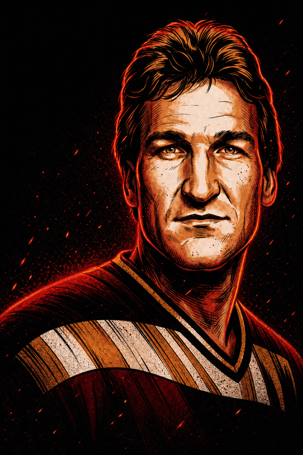 Stylized ember-on-ink illustration of Calgary Flames enforcer Tim Hunter in a red number 19 sweater, lit by orange embers against a black background.