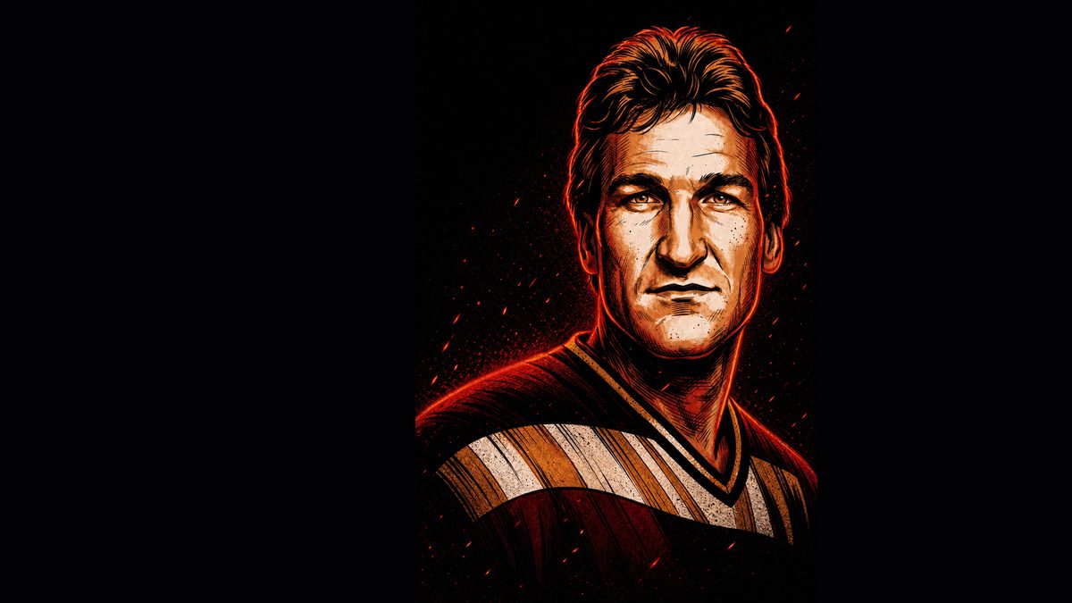 Stylized ember-on-ink illustration of Calgary Flames enforcer Tim Hunter in a red number 19 sweater, lit by orange embers against a black background.