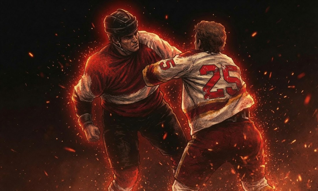 Ember-on-ink illustration of Willi Plett grabbing a Philadelphia Flyer's jersey mid-punch, both players in period-accurate 1970s gear.