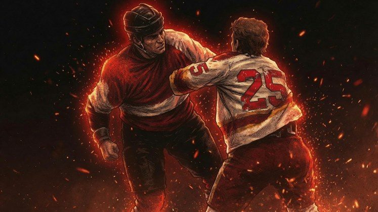 Ember-on-ink illustration of Willi Plett grabbing a Philadelphia Flyer's jersey mid-punch, both players in period-accurate 1970s gear.