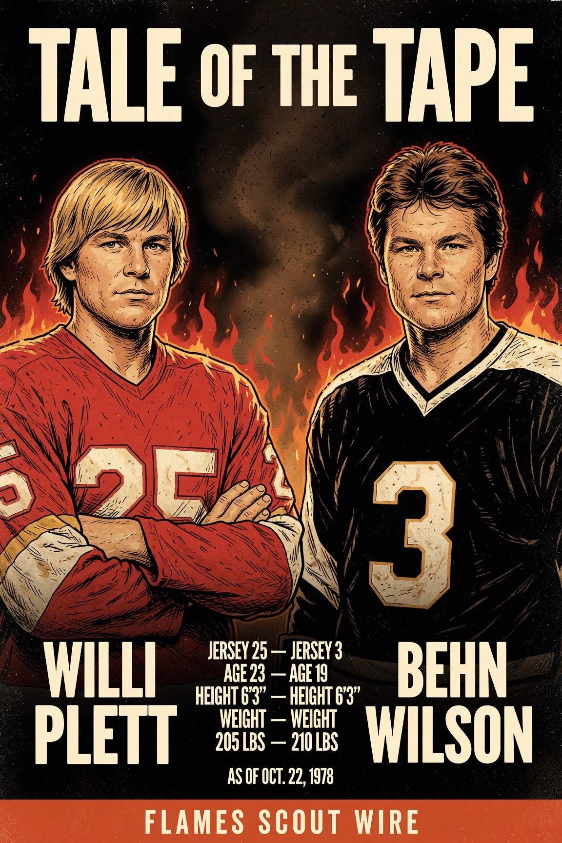 Illustrated Tale of the Tape graphic comparing Willi Plett and Behn Wilson as of Oct. 22, 1978: jersey numbers 25 and 3, ages 23 and 19, both 6'3', 205 and 210 pounds.