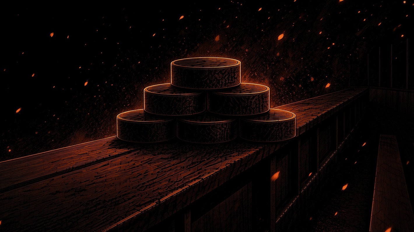 Ember-on-ink illustration of a deserted hockey players' bench in a dark arena. Six pucks are stacked in a pyramid on the bench top, the only objects in the frame, catching a low firelight that leaves the rest of the bench and the building in near-black. Embers drift through the dark.