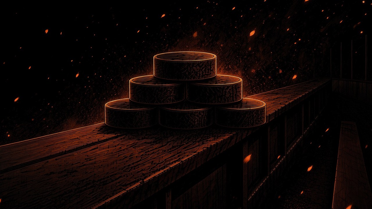 Ember-on-ink illustration of a deserted hockey players' bench in a dark arena. Six pucks are stacked in a pyramid on the bench top, the only objects in the frame, catching a low firelight that leaves the rest of the bench and the building in near-black. Embers drift through the dark.