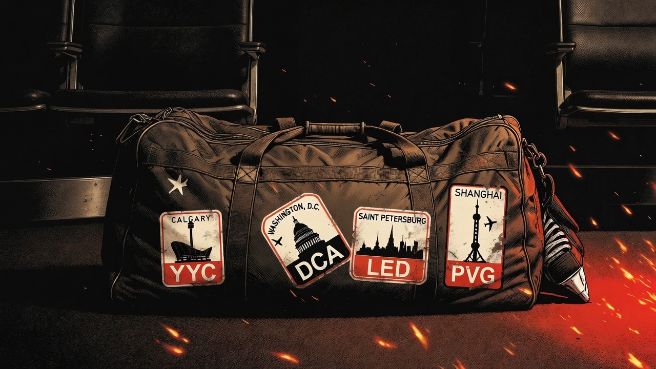 Illustration of a battered hockey duffel bag on an airport terminal floor, covered in travel stickers for Calgary, Washington D.C., Saint Petersburg and Shanghai, embers scattered across the floor.